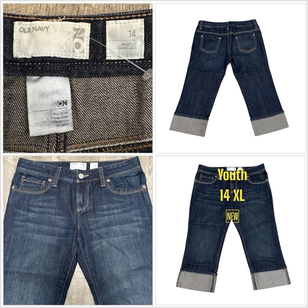Youth Old Navy 14 Regular XL Cropped Pants Jeans Blue Denim Rolled Hem NWOT